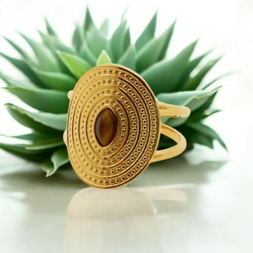 Anillo de Ojo De Tigre en Acero dorado inoxidable