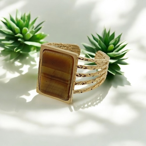 Anillo Ojo De Tigre en acero dorado inoxidable