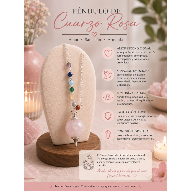 Péndulo Cuarzo Rosa y cadena 7 Chakras